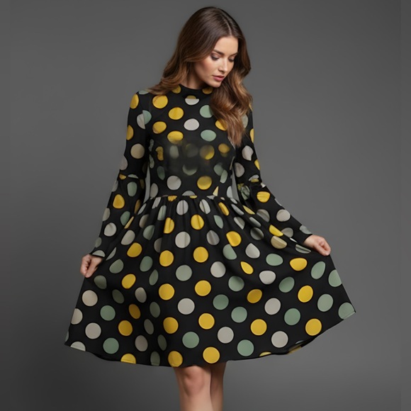 Polka Dot Mock Neck Trumpet Sleeve Smock Dress - Picture 2 of 6